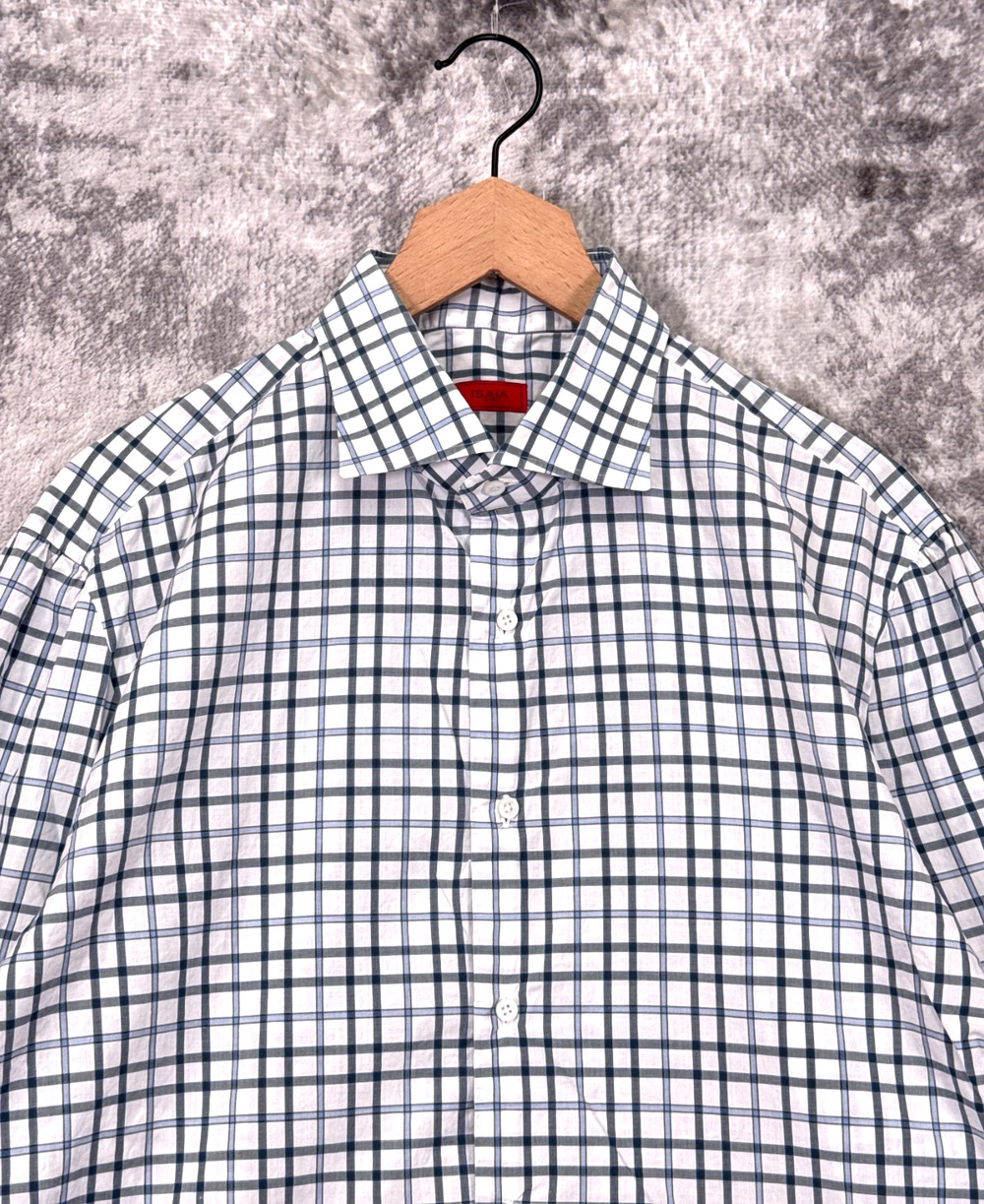 ISAIA Dress Shirt 17 / 43 Mens White & Gray Windowpane Check